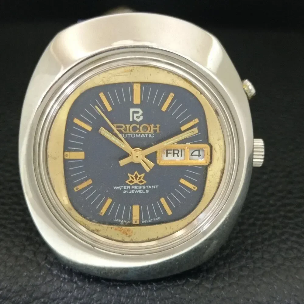 Vintage 1986 Ricoh Automatic Mens Silver Watch W/daydate & Blue accents